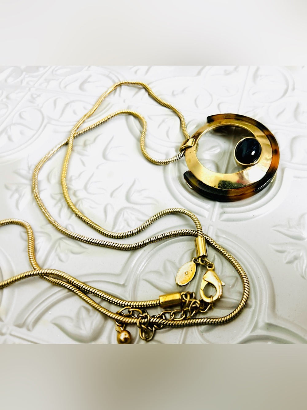 Gold-Tone Round Pendant Necklace with Black Accent